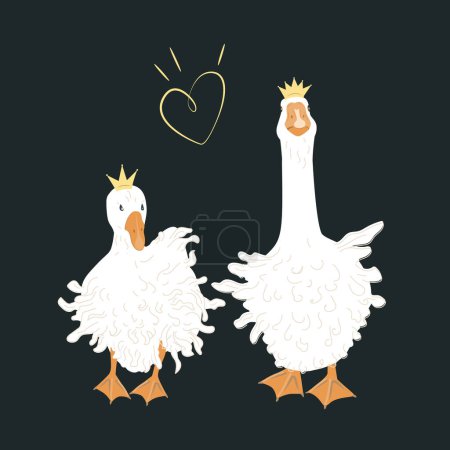 Ilustración de Couple of cute Sebastopol goose in crowns. Cartoon fantasy bird couple. Vector illustration - Imagen libre de derechos