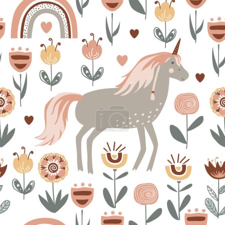 Illustration for Magic seamless pattern with unicorn among doodle flowers in fairy garden. Vector illustration, Scandinavian style. - Royalty Free Image