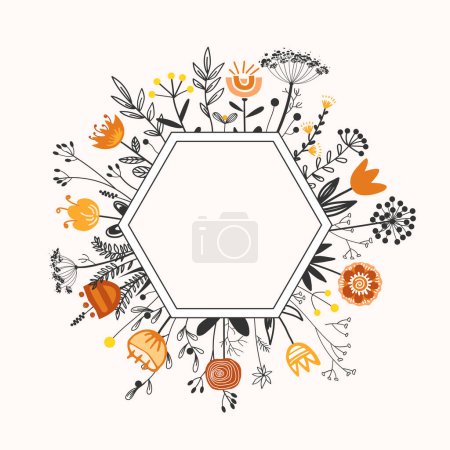 Illustration for Hexagon frame with doodle hand drawn herbs and flowers in Scandinavian Style. Cartoon vector isolated illustration - Royalty Free Image