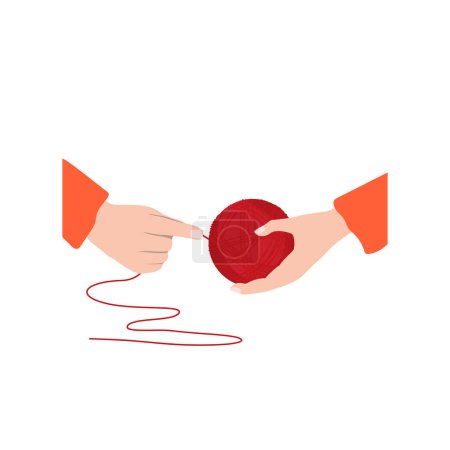 Téléchargez les illustrations : Mains féminines blessant un fil rouge sur une balle. Fil hank, concept de tricot. Icône vectorielle dessinée à la main, isolée sur fond blanc - en licence libre de droit