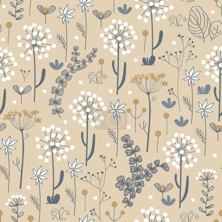 Meadow flowers and herbs boho seamless pattern. Blooming grass doodle background in Scandinavian style. Folk vector pattern.