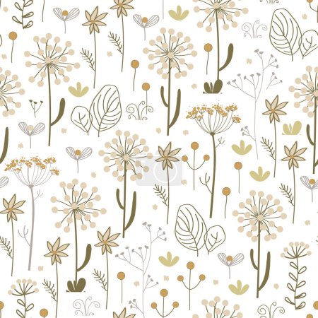 Illustration for Meadow flowers and herbs boho seamless pattern. Blooming grass doodle background in Scandinavian style. Folk vector pattern. - Royalty Free Image