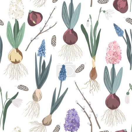 Blooming first spring flowers lie without a pot on white background, vector seamless pattern. Hyacinths, snowdrops and muscari plants waiting for transplant
