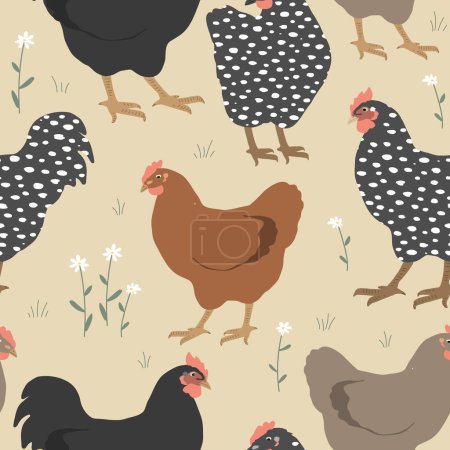 Illustration for Seamless spring pattern with cute chickens and flowers. Vector graphic illustration - Royalty Free Image