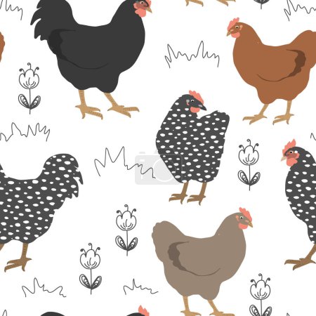 Illustration for Seamless spring pattern with cute chickens and doodle flowers. Vector graphic illustration. - Royalty Free Image