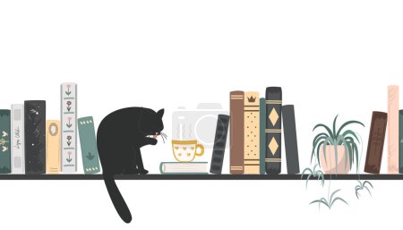 Illustration for Seamless border of vintage books, hot drink mug, cat, and spider plant. Standing books composition isolated on white background. Home library. Vector illustration. - Royalty Free Image