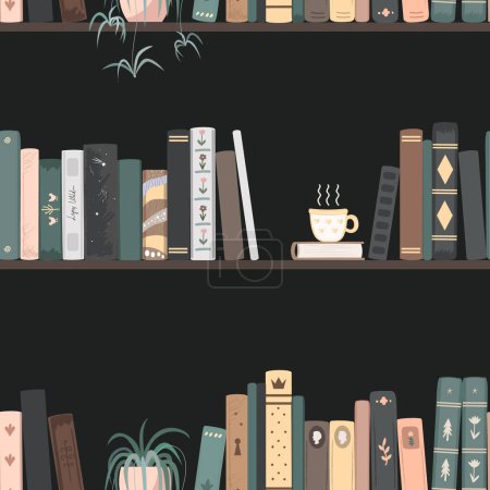 Illustration for Seamless pattern of vintage books, hot drink mug, and spider plant on dark background. Standing books wall background. Home library vector. - Royalty Free Image