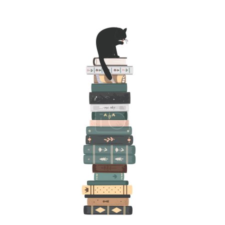 Illustration for High pile of vintage books with a big black cat on the top. Standing books composition isolated on white background. Home library. Vector illustration - Royalty Free Image