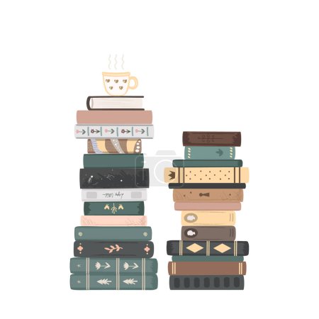 Illustration for Two pile of vintage books. Standing books composition isolated on white background. Home library, relocation or interior design element. Vector illustration. - Royalty Free Image
