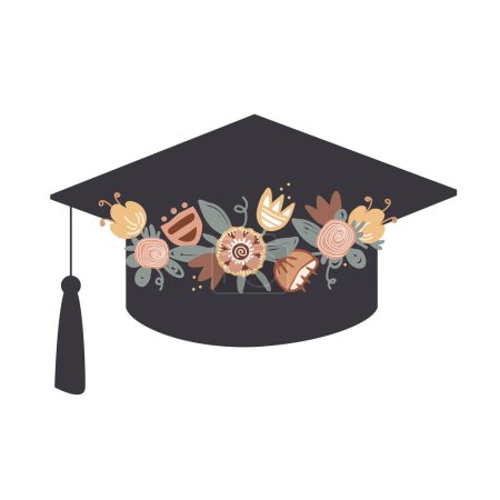 Gorra de graduación decorada con corona de flores de garabato. Símbolo de educación superior y graduación. Ilustración aislada vectorial.