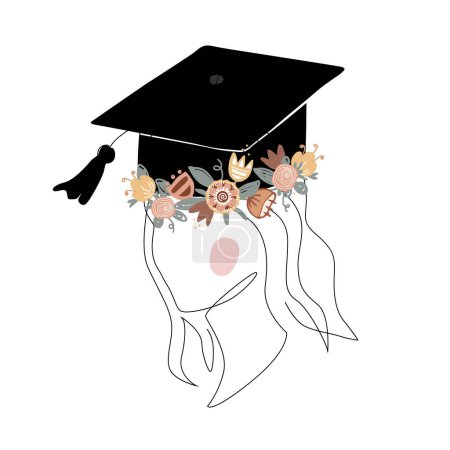 Illustration for Cute girl silhouette in graduation cap decorated with doodle flower wreath. Happy graduate student. Scandinavian and continuous line style. Vector isolated illustration. - Royalty Free Image
