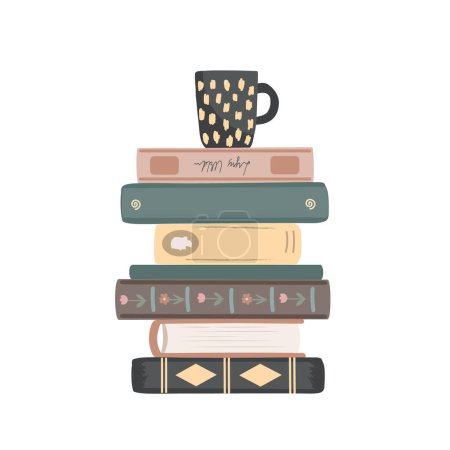 Illustration for Pile of vintage books with a mug on the top. Standing books composition isolated on white background. Home library. Vector illustration. - Royalty Free Image