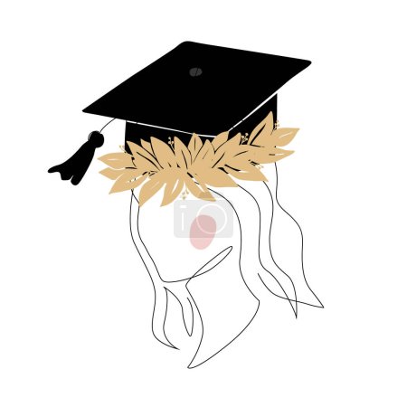 Illustration for Cute girl silhouette in graduation cap decorated with doodle laurel wreath. Happy graduate student. Continuous line style. Vector isolated illustration. - Royalty Free Image