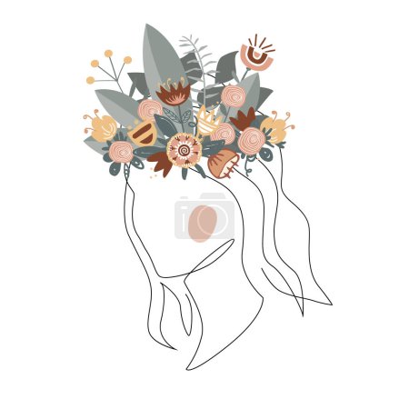 Illustration for Woman head silhouette with floral wreath. Forest dryad or nature queen concept. Trendy female face isolated illustration in one line art style. Continuous art modern vector illustration - Royalty Free Image