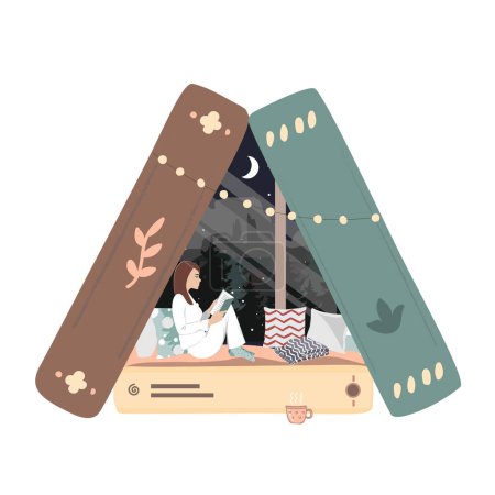 Young woman reading a book in the tent from books. Book lovers themed illustration in minimal flat style, vector, cartoon vector illustration.