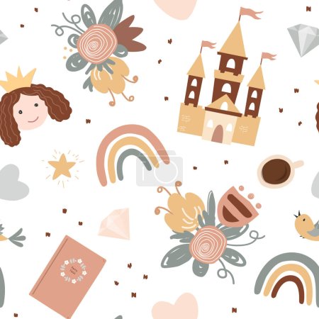 Illustration for Fairytale reading. Princess seamless pattern in Scandinavian style. Castle, rainbow, flowers, and diamonds. Vector boho background, adorable textile design for children. - Royalty Free Image