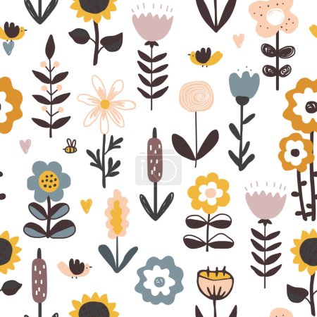 Illustration for Cute hand drawn flowers, hearts, and birds seamless pattern. Nursery or rustic background in Scandinavian style, pastel palette - Royalty Free Image