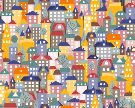 Abstract seamless pattern with houses. Vivid background for fabric, textile, wallpaper, kindergarten. Vector illustration