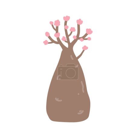 Illustration for Cartoon bottle tree with flowers isolated vector illustration. Desert rose, Adenium Obesum, or red impala lily in blossom. - Royalty Free Image