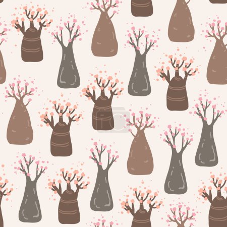 Illustration for Cartoon bottle tree forest seamless pattern. Desert rose in bloom, Adenium Obesum flowers, or red impala lily in blossom. Vector illustration - Royalty Free Image