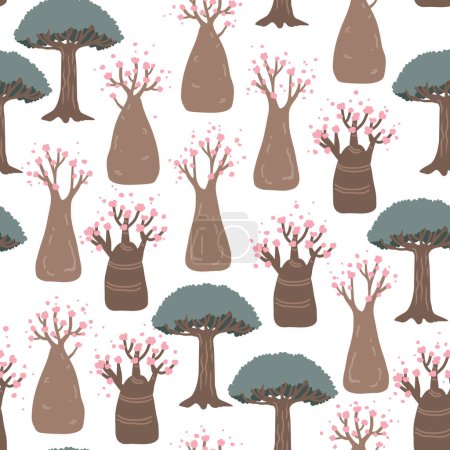 Illustration for Dragon adenium obesum and blood dragon tree seamless pattern. Socotra island landscape background, vector illustration - Royalty Free Image