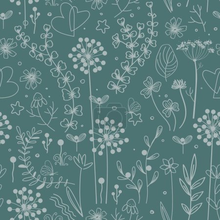 Illustration for Meadow flowers and herbs boho seamless pattern. Blooming grass doodle background in Scandinavian style. Folk floral vector pattern. - Royalty Free Image