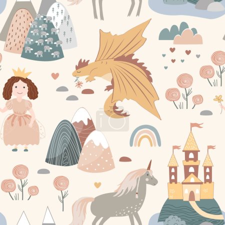 Illustration for Princess seamless pattern in Scandinavian style. Castle, rainbow, flowers, unicorn, and dragon fairy kingdom. Vector boho background, textile design for children - Royalty Free Image