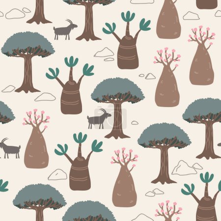 Illustration for Dragon adenium obesum and blood dragon tree and goats that eat them, seamless pattern. Socotra island dragon tree extinct problem background, vector illustration - Royalty Free Image