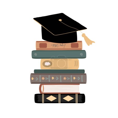 Illustration for Graduation cap and stack of book isolated on white. Back to school concept. Vector illustration. - Royalty Free Image