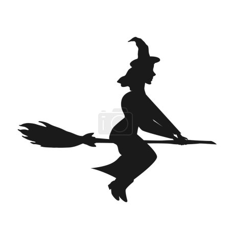 Téléchargez les illustrations : Silhouette de sorcière noire volant sur balai magique personnage vecteur de dessin animé isolé sur fond blanc. Belle jeune sorcière. Élément design Halloween - en licence libre de droit