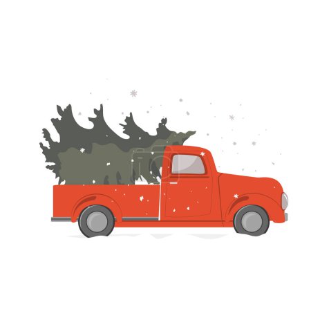Christmas red retro truck with a Christmas tree on a white background. Vintage pickup truck with a fir tree, vector illustration