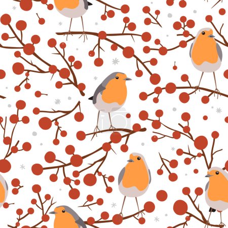 Téléchargez les illustrations : Oiseaux Robin et branches de baies rouges, motif de Noël sans couture, illustration vectorielle d'hiver, impression sur fond blanc - en licence libre de droit