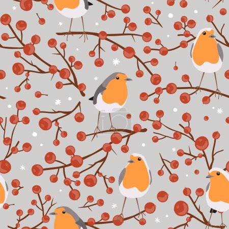 Illustration for Robin birds and red berries branches, seamless Christmas pattern, winter vector illustration, print on grey background. - Royalty Free Image