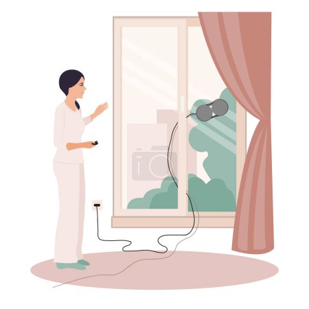 Mujer limpiando ventanas en casa con aspiradora robótica. Ilustración vectorial.