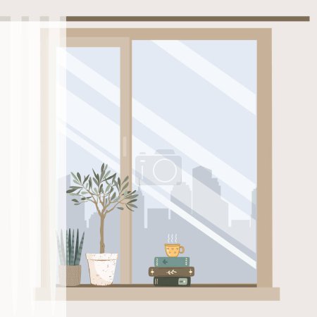 Gemütliche Fenster mit heißer Kaffeetasse, interessanten Romanen und niedlichen Pflanzen auf der Fensterbank. Nebelverhangener Blick hinter das Fenster. Vektor isolierte Illustration.