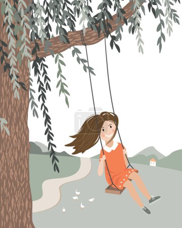 Illustration for Happy smiling girl with flying in the wind hair on a rope swing above countryside landscape. Swing on the willow tree. Vector isolated cartoon illustration. - Royalty Free Image