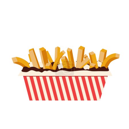 Handgezeichnetes Doodle-Poutine-Symbol, traditionelle Mahlzeit aus Quebec mit frittierten Kartoffeln, brauner Soße und Quark, Vector-Illustration isoliert auf weiß. Kanadisches Frühstückssymbol, kanadische Nationalküche.
