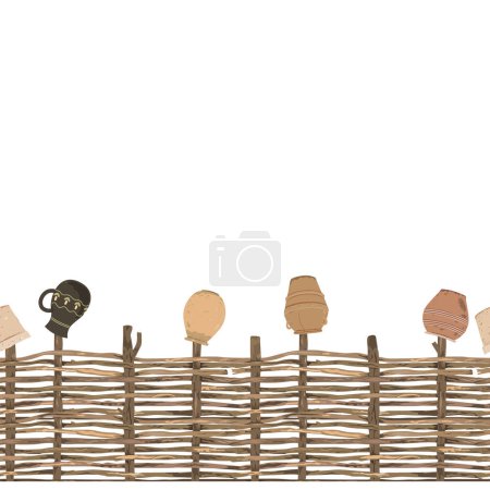 Wicker fence made of flexible willow or hazel wood decorated with vintage clay pots, seamless pattern, vector isolated illustration. Wooden border design element