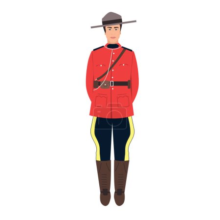 Téléchargez les illustrations : Policier canadien en uniforme traditionnel - tunique écarlate et culotte. Portrait intégral d'un policier à cheval royal canadien. Illustration vectorielle de bande dessinée isolée sur fond blanc - en licence libre de droit