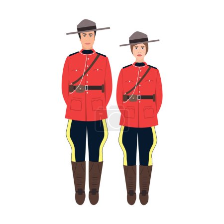Kanadischer Polizist und Polizistin in traditioneller Uniform - in scharlachroter Tunika und Hose. Ganzes Porträt des königlichen kanadischen berittenen Polizisten. Cartoon Vektor Illustration isoliert auf Weiß