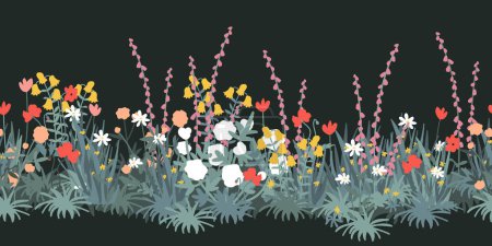 Seamless spring floral border with colorful wildflowers, poppies, foxglove. Vector horizontal pattern on dark background. Hand drawn illustration