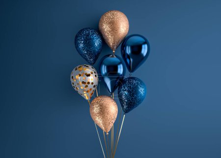 Set von 3D-Rendern isolierte Luftballons auf Bändern. Realistische Dekoration Hintergrund für Geburtstag, Jubiläum, Hochzeit, Urlaub, Werbebanner. Dunkelblaue und goldene Glitzerfarbe Zusammensetzung.