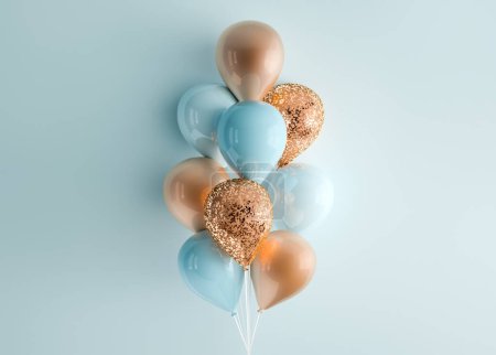 Photo for Set of 3d render isolated balloons on ribbons. Realistic decoration background for birthday, anniversary, wedding, holiday, promotion banners. Turqoise and gold glitter color composition. - Royalty Free Image