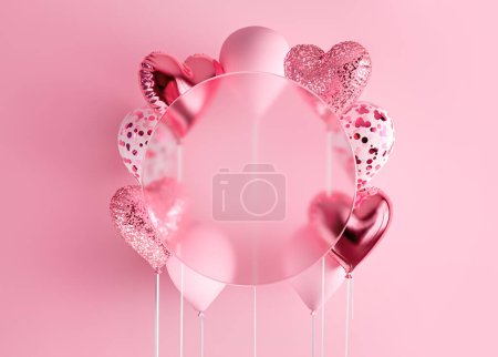 Foto de Conjunto de globos de renderizado 3d en cintas. Fondo de decoración realista para cumpleaños, día de San Valentín, boda, vacaciones, banners de promoción. Composición de color rosa brillo con espacio vacío de vidrio. - Imagen libre de derechos