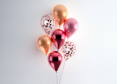 Photo for Set of 3d render isolated balloons on ribbons. Realistic decoration background for birthday, anniversary, wedding, holiday, promotion banners. Pink and gold glitter color composition. - Royalty Free Image