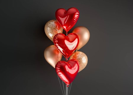 Photo for Set of 3d render isolated heart  balloons on ribbons. Realistic decoration background for birthday, anniversary, wedding, holiday, promotion banners. Red and gold glitter color composition. - Royalty Free Image