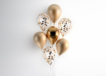 Set von 3D-Rendern isolierte Luftballons auf Bändern. Realistische Dekoration Hintergrund für Geburtstag, Jubiläum, Hochzeit, Urlaub, Werbebanner. Weiß und Gold glitzern Farbkomposition.