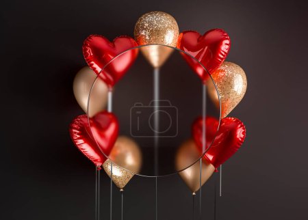 Foto de Conjunto de globos de renderizado 3d en cintas. Fondo realista para cumpleaños, día de San Valentín, boda, vacaciones, banners de promoción. Composición de color rojo y dorado brillo con espacio vacío de vidrio. - Imagen libre de derechos