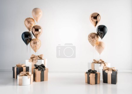 Photo for 3D interior render with black and golden balloons, gift boxes. Pastel glossy composition with empty space for birthday, party or product promotion social media banners, text. Poster size illustration. - Royalty Free Image