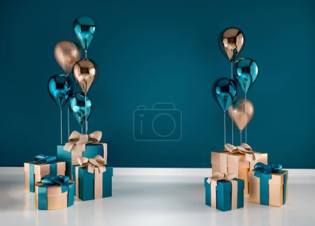 3D interior render with blue and golden balloons, gift boxes. Dark glossy composition with empty space for birthday, party or product promotion social media banners, text. Poster size illustration.